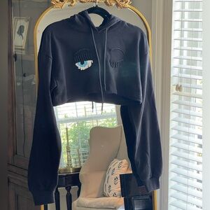 Chiara Ferragni NWT Black Cropped Hoodie with Flirting Beaded Wink Detail